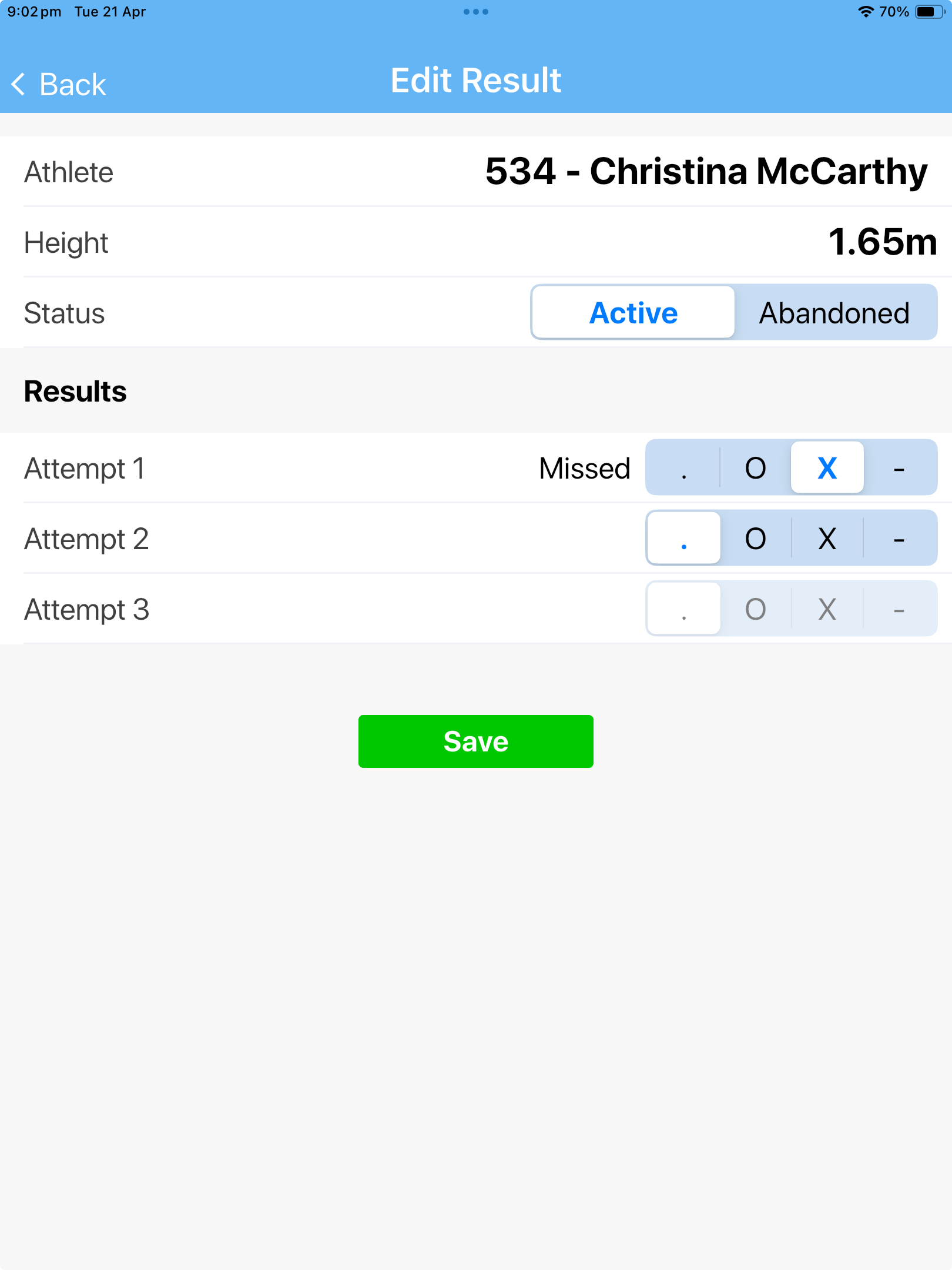SplitFast Field Events App Edit Result screen for high jump showing athlete Christina McCarthy at 1.65m with O/X/dash attempt buttons